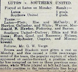 Match Report: Luton Town FC vs Southern United (20th Nov 1905)