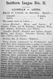 Match Report: Llanelly vs Luton Town FC (1st Nov 1913)