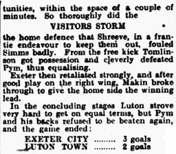 Match Report: Exeter City vs Luton Town FC (6th Sep 1919)