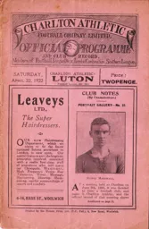 Programme: Charlton Athletic vs Luton Town FC (22nd Apr 1922)