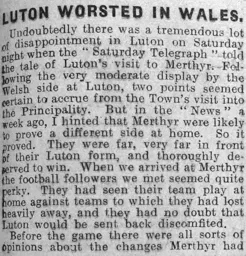 Match Report: Merthyr Town vs Luton Town FC (15th Oct 1921)