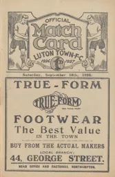 Programme: Luton Town FC vs Merthyr Town (18th Sep 1926)