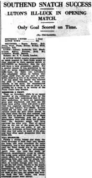 Match Report: Southend United vs Luton Town FC (27th Aug 1927)