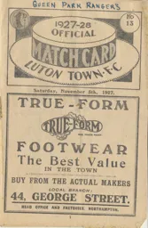 Programme: Luton Town FC vs Queens Park Rangers (5th Nov 1927)