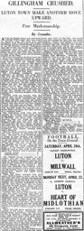 Match Report: Luton Town FC vs Gillingham (13th Apr 1929)