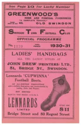 Programme: Swindon Town vs Luton Town FC (25th Oct 1930)