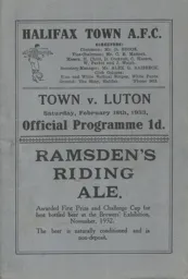 Programme: Halifax Town vs Luton Town FC (18th Feb 1933)