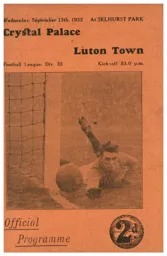 Programme: Crystal Palace vs Luton Town FC (13th Sep 1933)