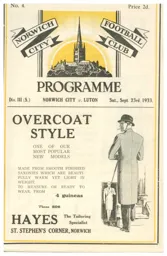 Programme: Norwich City vs Luton Town FC (23rd Sep 1933)
