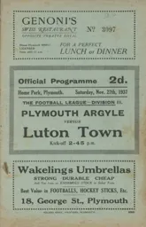 Programme: Plymouth Argyle vs Luton Town FC (27th Nov 1937)