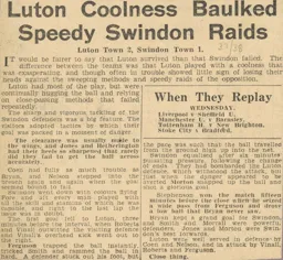 Match Report: Luton Town FC vs Swindon Town (22nd Jan 1938)