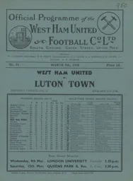 Programme: West Ham United vs Luton Town FC (5th Mar 1938)