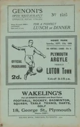Programme: Plymouth Argyle vs Luton Town FC (17th Sep 1938)