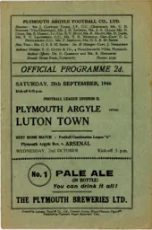 Programme: Plymouth Argyle vs Luton Town FC (28th Sep 1946)