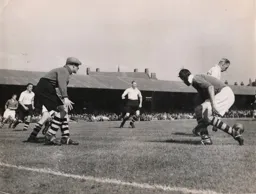 Horace Gager moves the ball out of defence