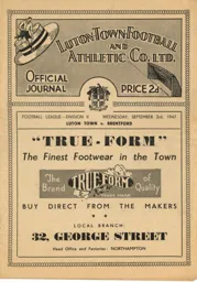 Programme: Luton Town FC vs Brentford (3rd Sep 1947)