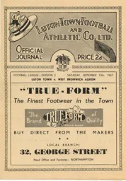 Programme: Luton Town FC vs West Bromwich Albion (13th Sep 1947)