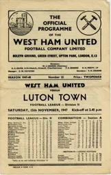Programme: West Ham United vs Luton Town FC (15th Nov 1947)