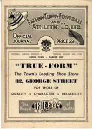 Programme: Luton Town FC vs Cardiff City (30th Aug 1948)