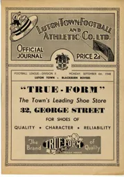 Programme: Luton Town FC vs Blackburn Rovers (6th Sep 1948)