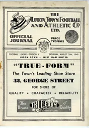 Programme: Luton Town FC vs West Ham United (20th Aug 1949)