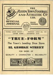 Programme: Luton Town FC vs Coventry City (24th Aug 1949)