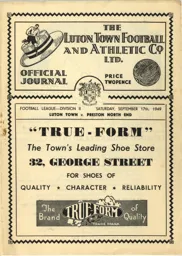 Programme: Luton Town FC vs Preston North End (17th Sep 1949)