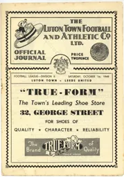 Programme: Luton Town FC vs Leeds United (1st Oct 1949)