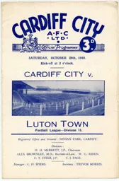 Programme: Cardiff City vs Luton Town FC (29th Oct 1949)