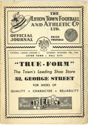 Programme: Luton Town FC vs Hull City (19th Nov 1949)