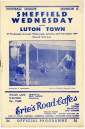 Programme: Sheffield Wednesday vs Luton Town FC (26th Nov 1949)