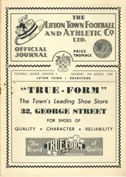 Programme: Luton Town FC vs Brentford (19th Aug 1950)