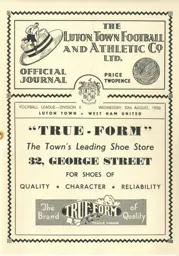 Programme: Luton Town FC vs West Ham United (30th Aug 1950)