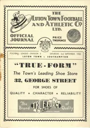 Programme: Luton Town FC vs Southampton (2nd Sep 1950)