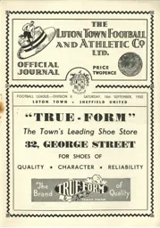 Programme: Luton Town FC vs Sheffield United (16th Sep 1950)