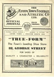 Programme: Luton Town FC vs Preston North End (7th Oct 1950)