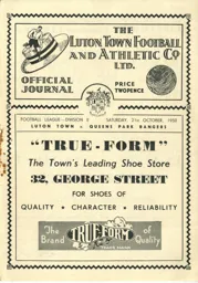 Programme: Luton Town FC vs Queens Park Rangers (21st Oct 1950)