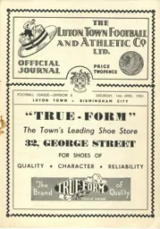 Programme: Luton Town FC vs Birmingham City (14th Apr 1951)