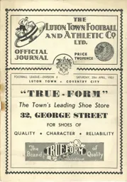 Programme: Luton Town FC vs Coventry City (28th Apr 1951)