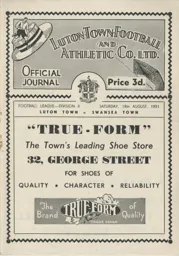 Programme: Luton Town FC vs Swansea Town (18th Aug 1951)