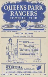 Programme: Queens Park Rangers vs Luton Town FC (15th Sep 1951)