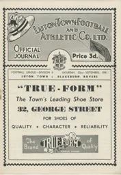 Programme: Luton Town FC vs Blackburn Rovers (22nd Sep 1951)