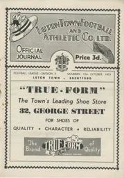 Programme: Luton Town FC vs Brentford (13th Oct 1951)