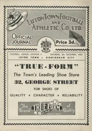 Programme: Luton Town FC vs Birmingham City (8th Dec 1951)