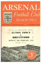 Programme: Luton Town FC vs Brentford (18th Feb 1952)