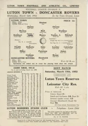 Programme: Luton Town FC vs Doncaster Rovers (12th Mar 1952)