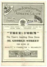 Programme: Luton Town FC vs Coventry City (14th Apr 1952)