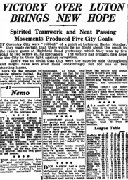 Match Report: Coventry City vs Luton Town FC (15th Apr 1952)
