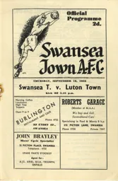 Programme: Swansea Town vs Luton Town FC (18th Sep 1952)