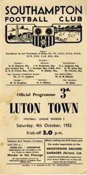 Programme: Southampton vs Luton Town FC (4th Oct 1952)
